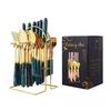 Set di Posate da 24 Pezzi in Acciaio Inossidabile con Manici a Fantasia Marmo e Porta Posate: Include Coltello da Bistecca, Forchetta, Cucchiaio e Cucchiaino.