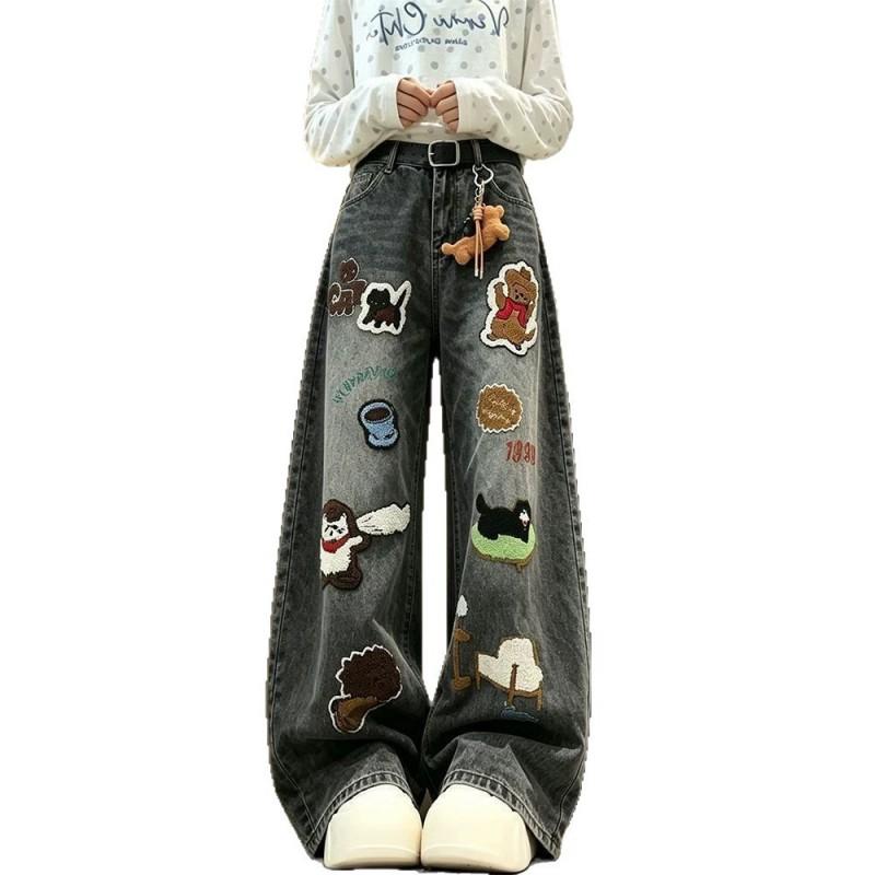 Womens Cartoon Embroidery Washed Denim Jeans Loose Wide Leg Cropped Pants Streetwear