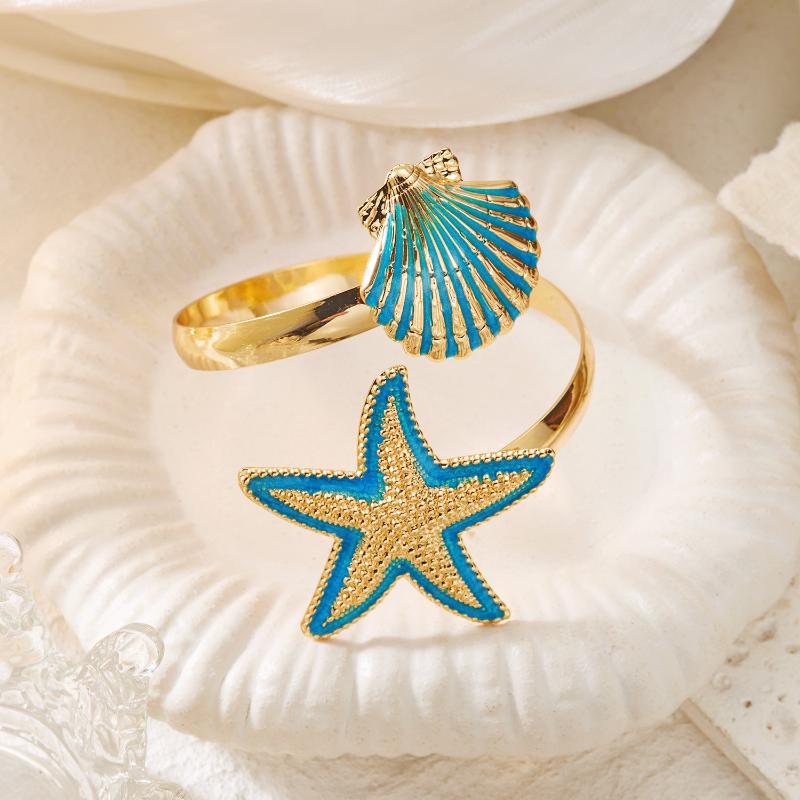 

Boho Enamel Starfish Shell Cuff Bangles For Women Big Starfish Open Bracelets Summer Beach Vacation Jewelry Gift