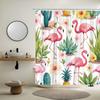 Tropical Flamingo Shower Curtain Green Cactus Succulent Flower Spring Botanical Pineapple Watercolor Beautiful Big Bird Shower