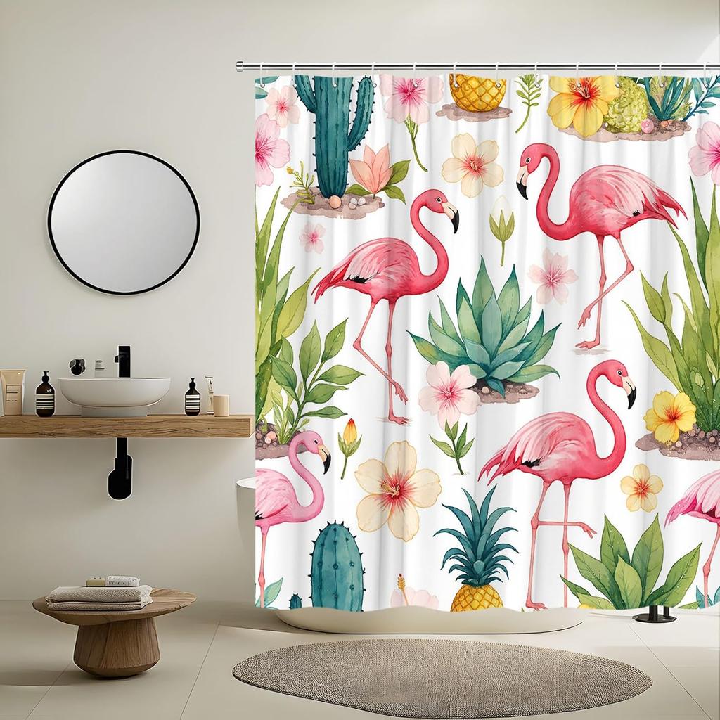 Tropical Flamingo Shower Curtain Green Cactus Succulent Flower Spring Botanical Pineapple Watercolor Beautiful Big Bird Shower