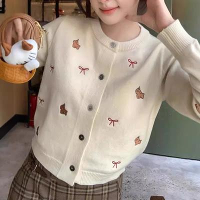 Sweet and Gentle Wind Cartoon Embroidered Sweater Women's Autumn and Winter Design Sense Versatile Short Fashion Knitted Cardigan Women