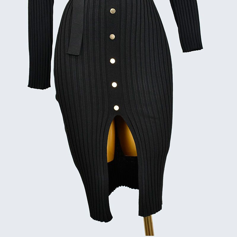 Export Fashion Style Round Neck Metal Clinch Pullover Knitting Sweater Long Sleeve Silm Hip Bag Dress Female Pure Color