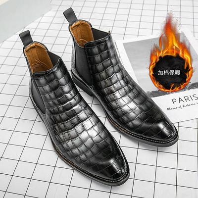 Large Size Leather Boots Crocodile High Top Cotton Shoes Business Leather Shoes Fleece Chelsea Boots