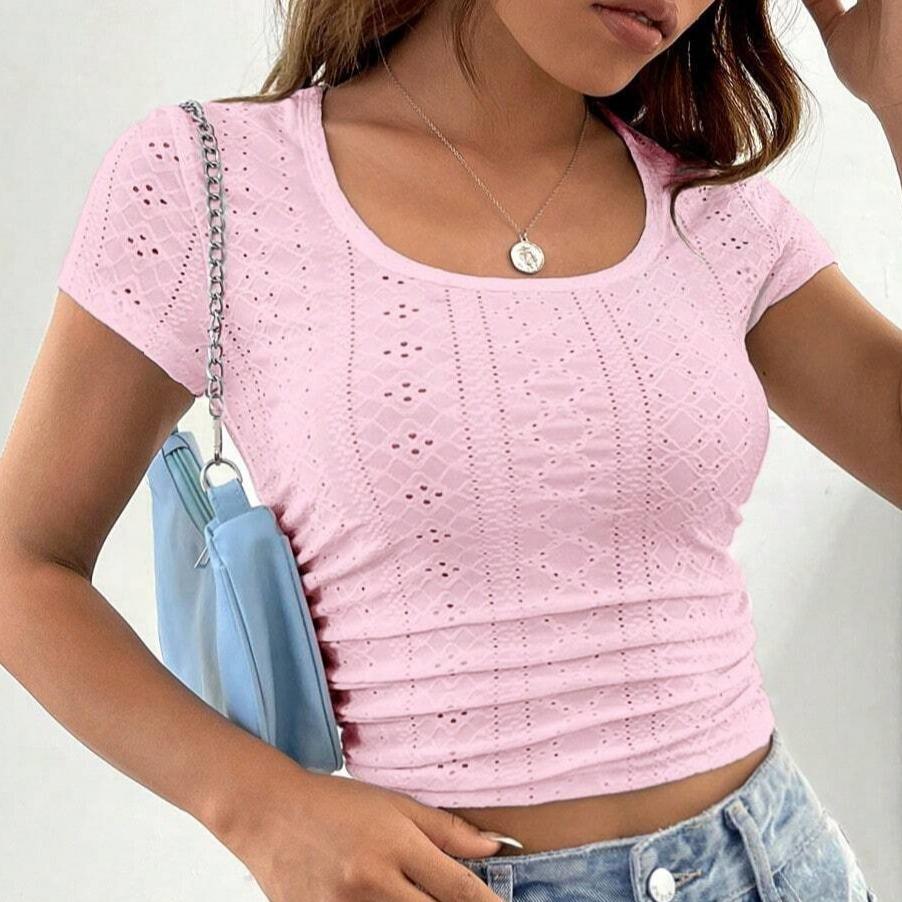 IHUASU Women's Summer Low O-Neck Eyelet Short Slim T-shirt