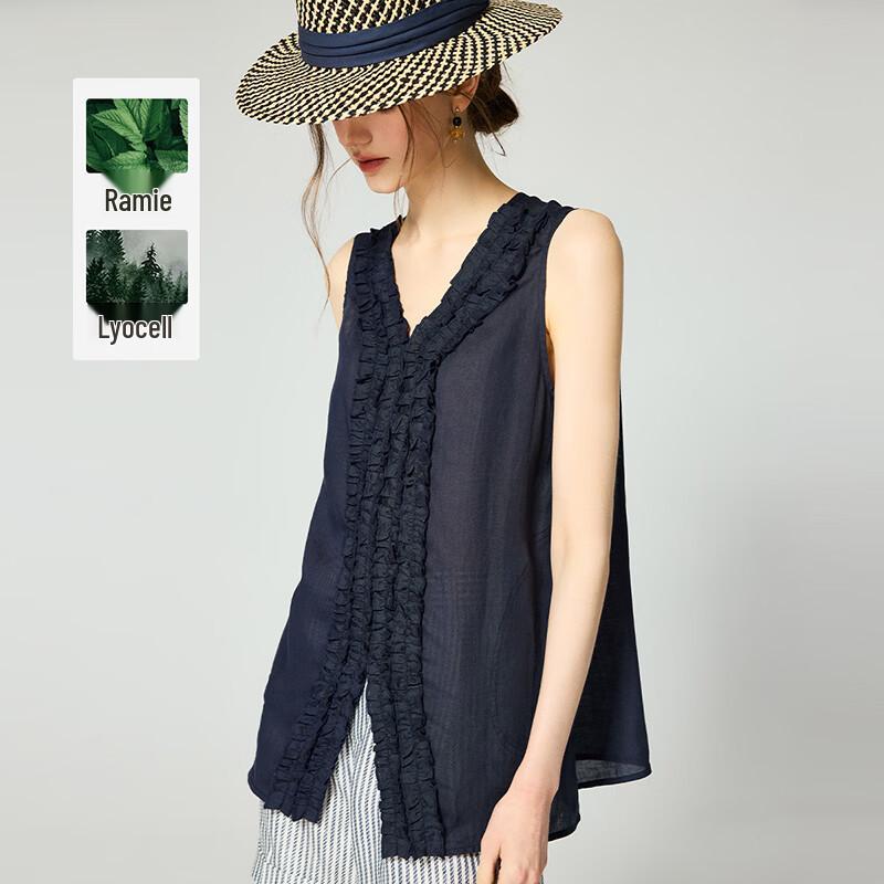 French V-Neck Pleated Ruffle Tencel Ramie Blouse L