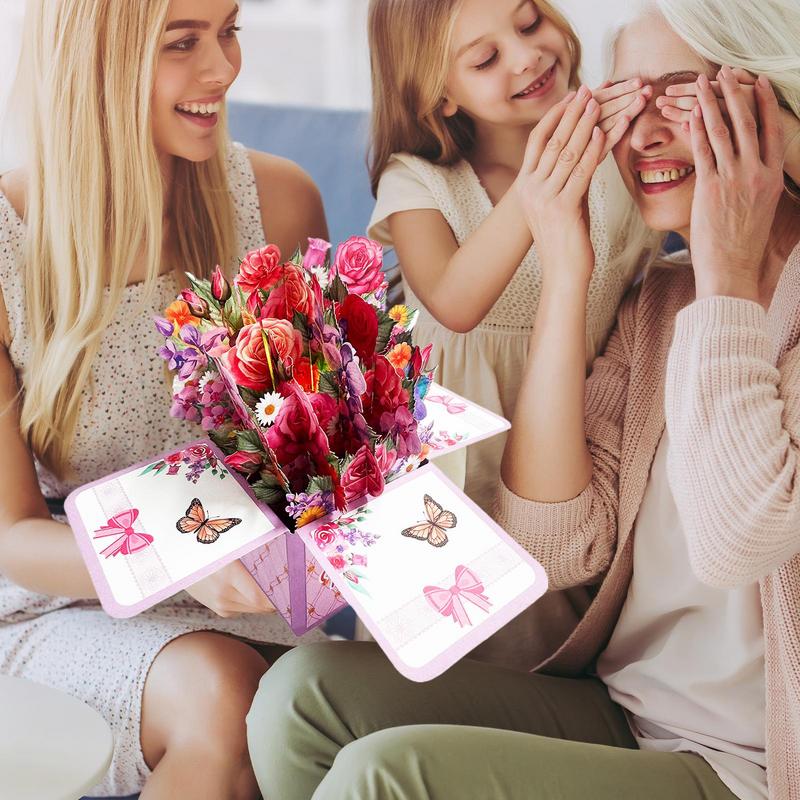 Flower Bouquet Birthday Cards 3D Greeting Pop Up Mothers Day Flower Cards Thank You Paper With Lights And Music Blank Note Card