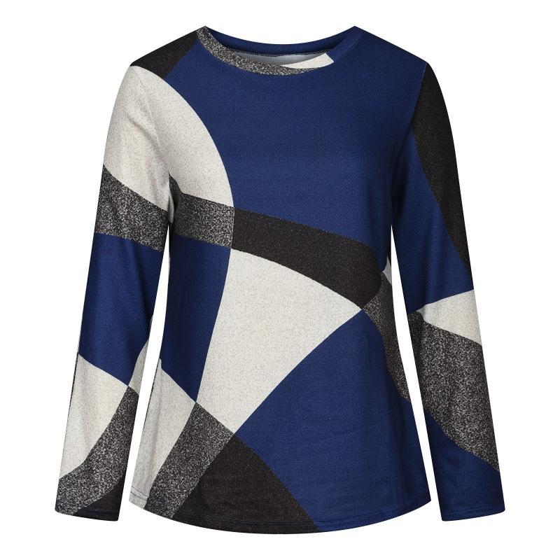 European American Women Casual Color Block Long Sleeve Buttons Dressy Casual Geometric Tunic Crewneck T Shirts