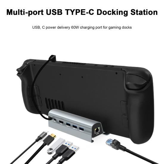 

Док-станция 6-в-1 для Steam Deck 4K @ 60 Гц Gigabit Ethernet 1000 Мбит/с Концентратор PD 60 Вт HDMI-совместимый USB 3.0 Подставка для игровой консоли Аксессуары для коммутатора серый