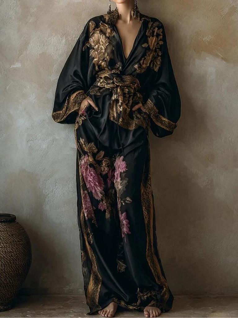 Spring/Summer 2026 Retro Print Deep V Tie-up Top & Wide-leg Pants Two-piece Set for Women
