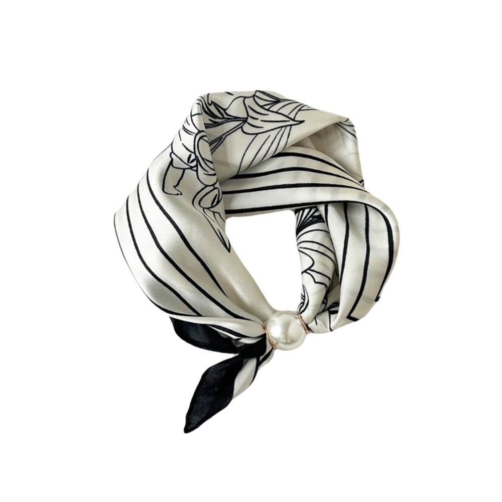 Breathable Silk Scarf Lightweight Printed Neck Scarf Elegant Pearl Buckle Scarf  Women
