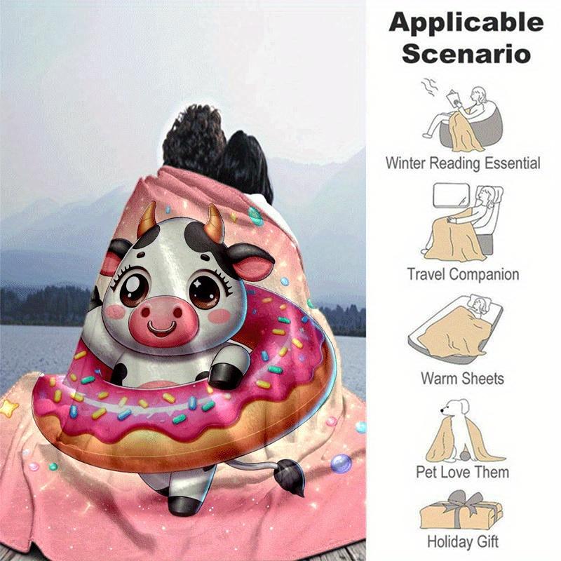 1pc Dairy Cow Printing Lightweight Flannel Blanket, Comfortable and Warm Blanket, for Camping Sofa Bed and Couch Office, Gift