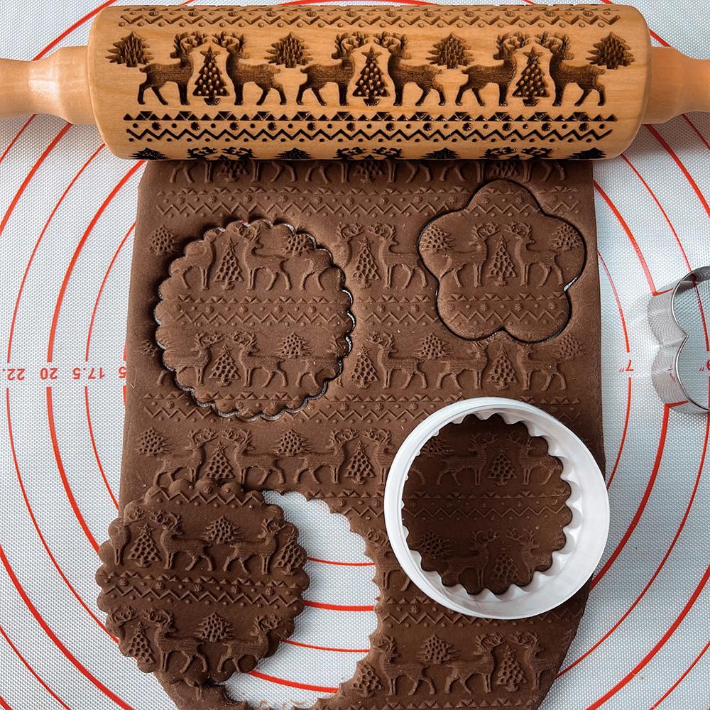 Wooden Christmas Rolling Pins Rock Snowflake Elk Embossing Baking Tool Cookies Biscuit Fondant Cake Patterned Roller Dropship