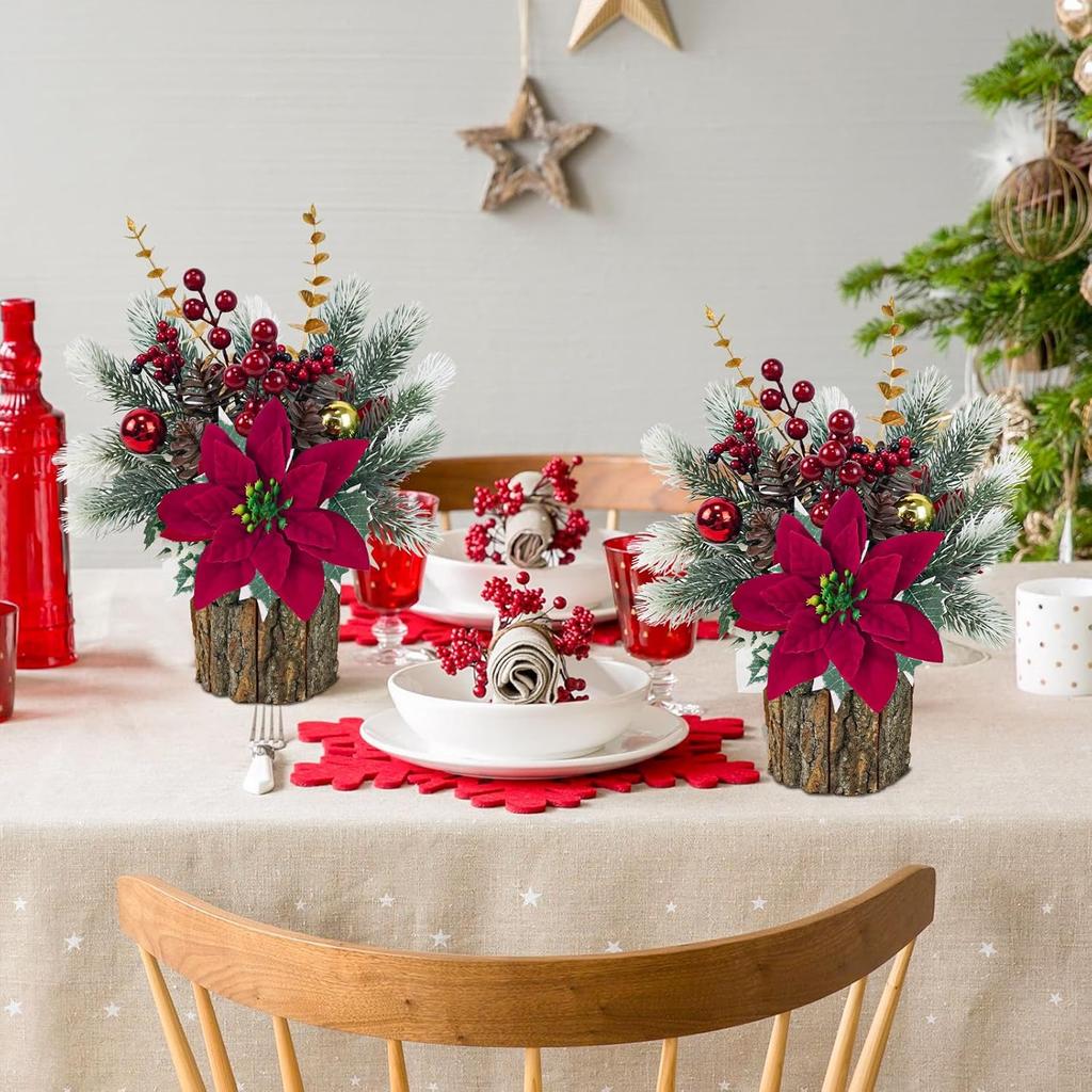 2 Pack Mini Christmas Tree with Red Poinsettia, Berries & Pine Cones - Artificial Potted Tabletop Decor for Home, Fireplace, Man
