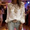 Women Tops Round Neck Long Sleeve 3D Digital Flower Printing Tee Shirt Retro Bohemia Style Pullover Tops Daily Wear