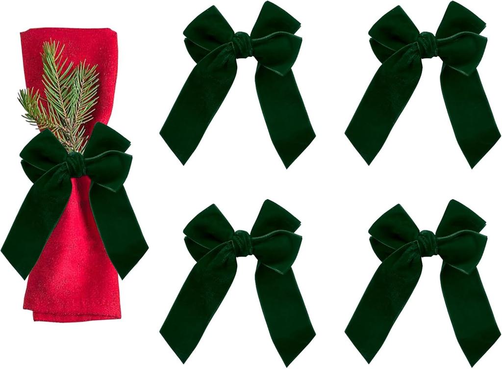 4pcs Red Bow Velvet Napkin Holders Chic Velvet Bowknot for Xmas Dinner Birthday Part Wedding Table Decoration Home Table Setting