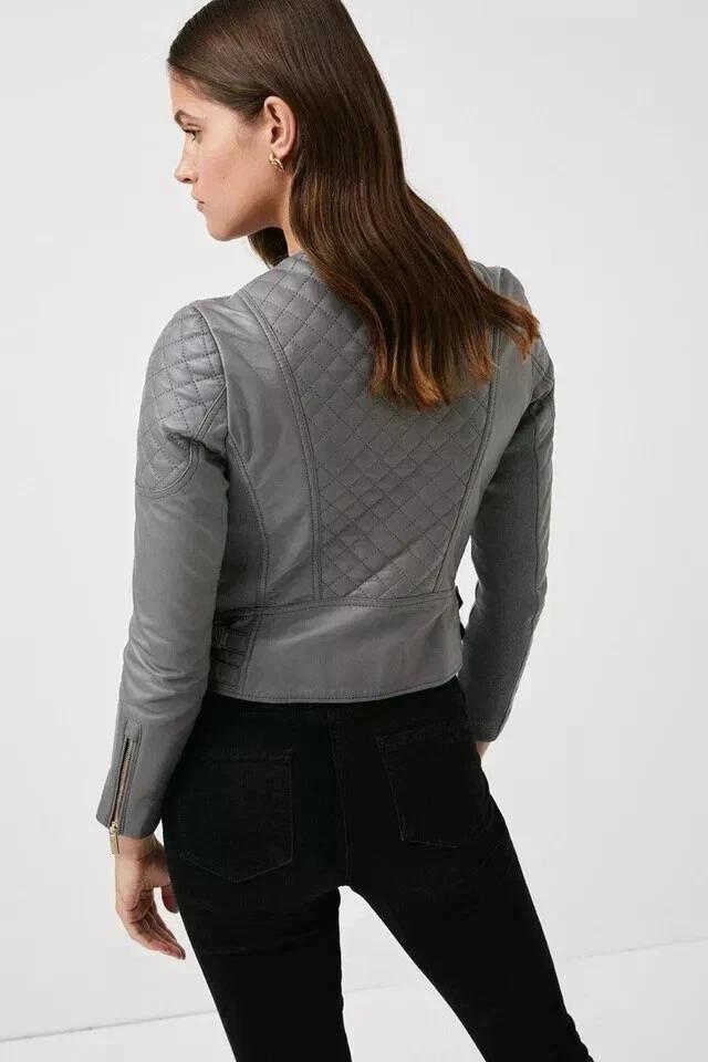 Elegante Giacca da Donna in Pelle Nuova Grigia Fatta a Mano Agnello Casual Biker Motociclista