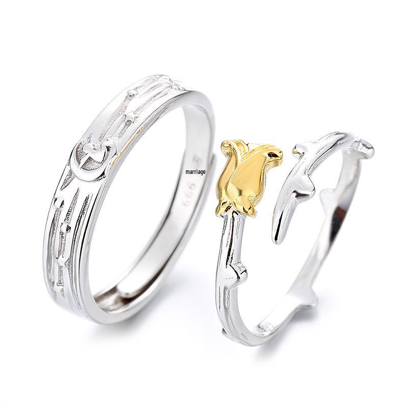 The Little Prince & Rose 999 Sterling Silver Adjustable Couple Rings, Gift for Men & Women