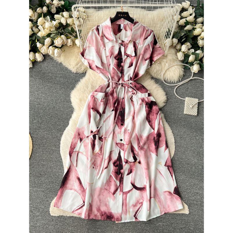 Elegant Dress Women's Summer Dress New Arrival Elegance Print Shirt Skirt Stylish Pocket Waist-Tight Single-Breasted Dress
