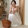 French Elegant Simple Loose Round Neck Pleated Dress Design Sense Large Backless Sleeveless Solid Color Sling Dress
