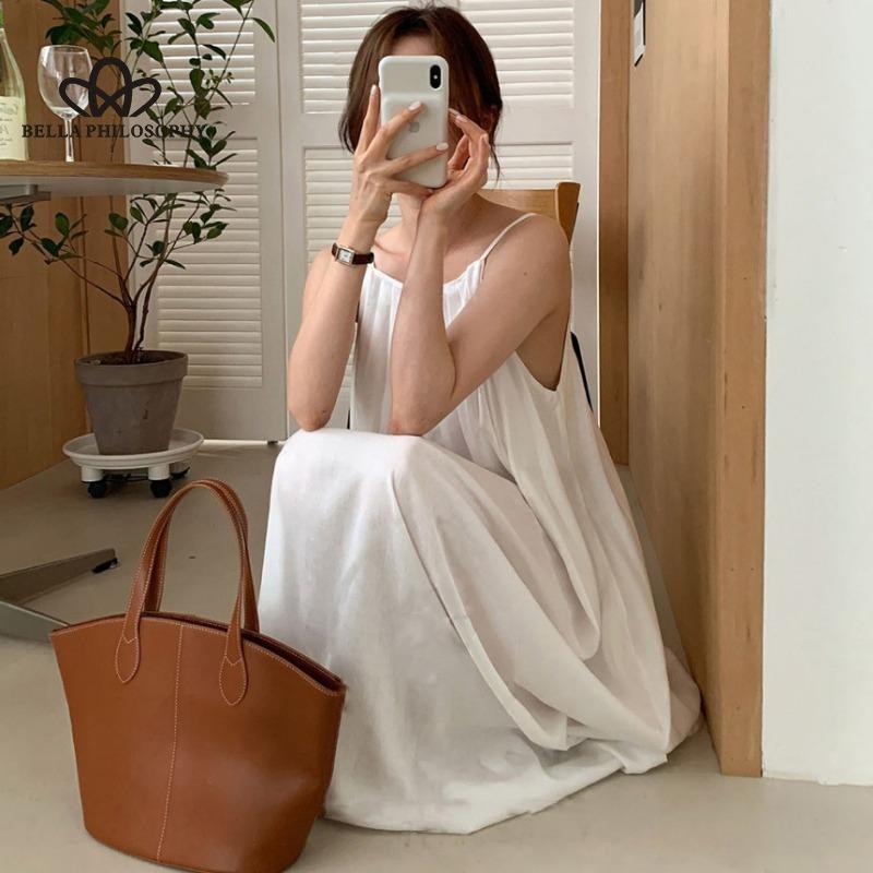 French Elegant Simple Loose Round Neck Pleated Dress Design Sense Large Backless Sleeveless Solid Color Sling Dress