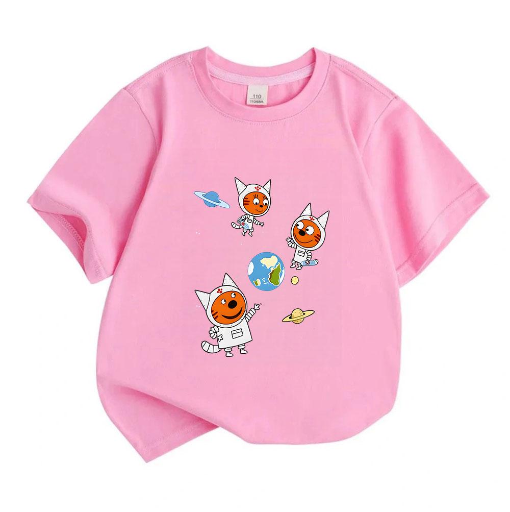 Kids Boys Girls 100% Cotton Crew Neck Short Sleeve T-Shirt, Cute Space Astronaut Cat Print Casual Breathable Tee for Children Daily Wear Outdoor Activ