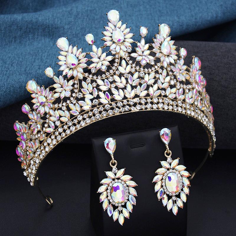 Baroque Rhinestone Bridal Large Crystal Crown and Earrings Set Wedding Headdress Party Accessories Pageant Queen Tiara Jewelry