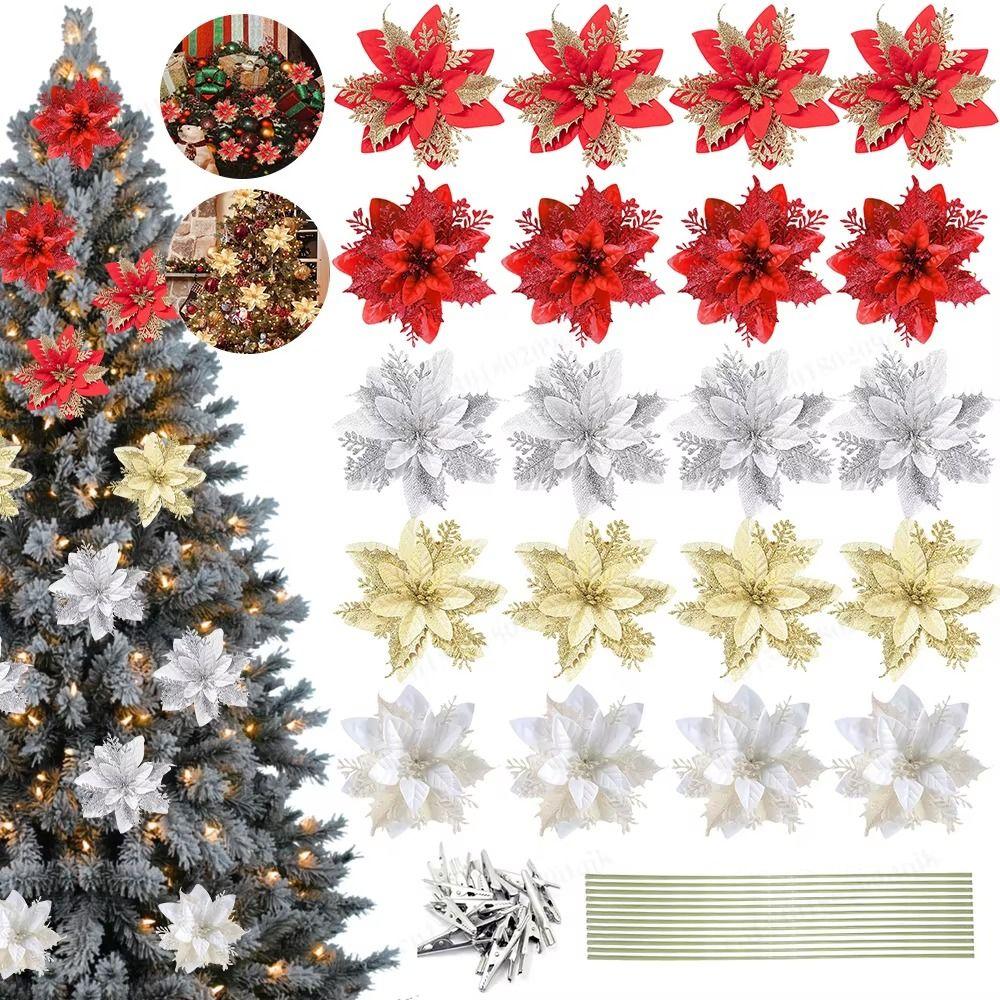 12Pcs With Clips Glitter Xmas Tree Ornaments Multi-color Christmas Floral Decorations  Wedding Decor