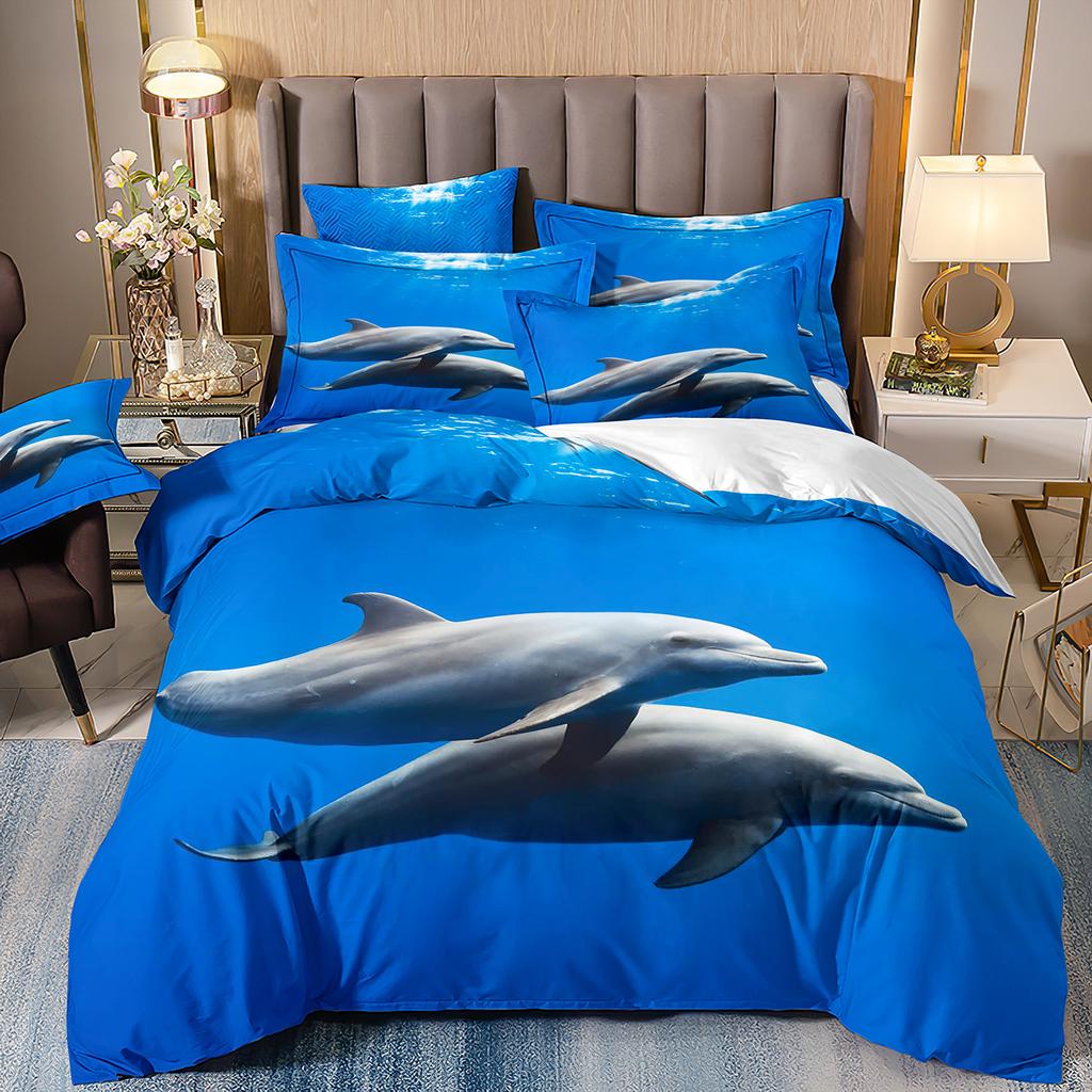 3D-gedruckte Heimtextilien Bettwäsche Delfin Meeresschildkröte Meerestier Quilt-Set Dreiteiliges Set