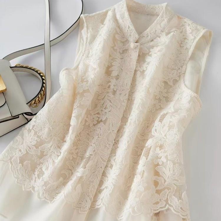 Chinese Style Lace Embroidered Stand Collar Vest with Frog Button and Shawl