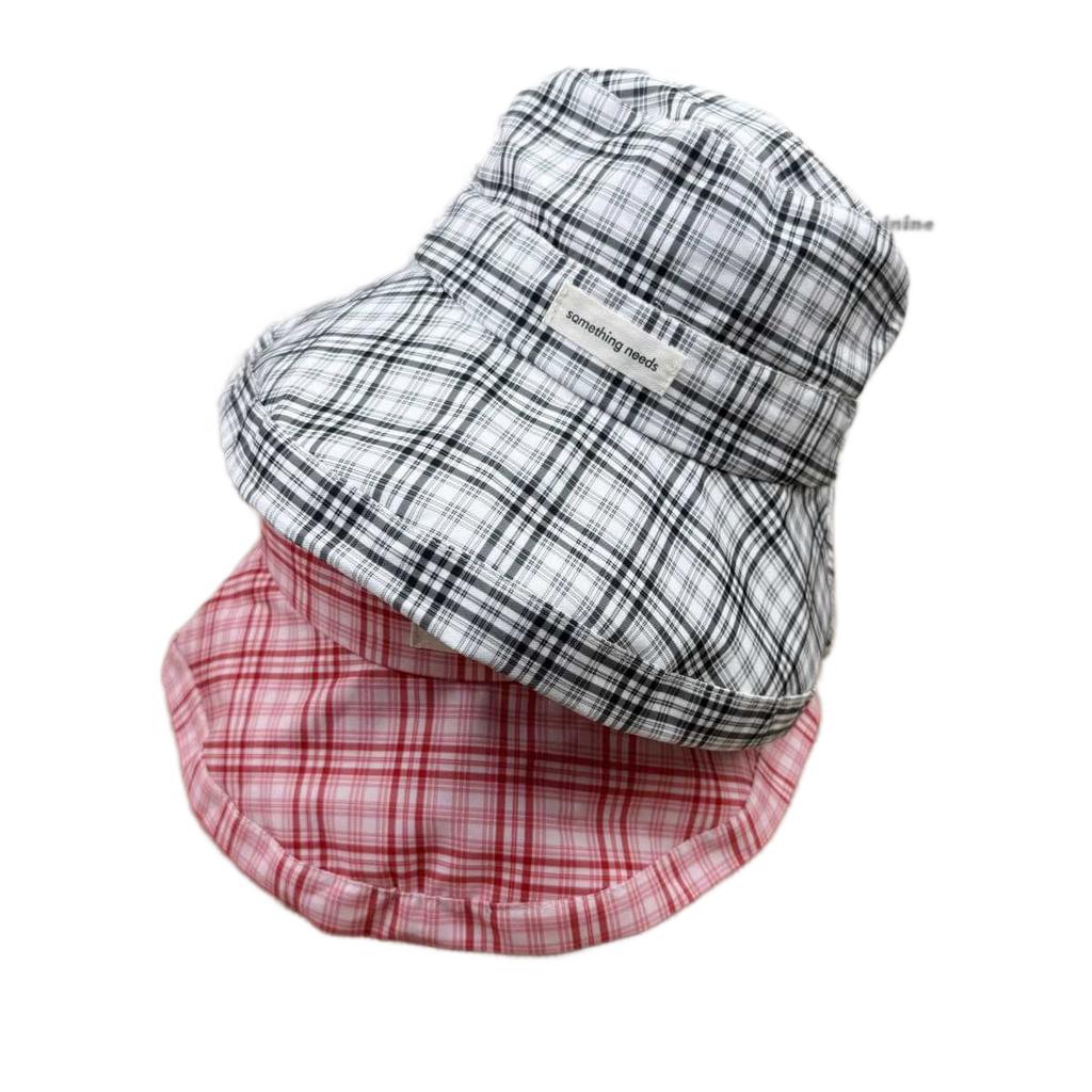 Plaid bucket hat women's summer big eaves sunscreen sun hat showing small face breathable with windproof rope versatile basin hat