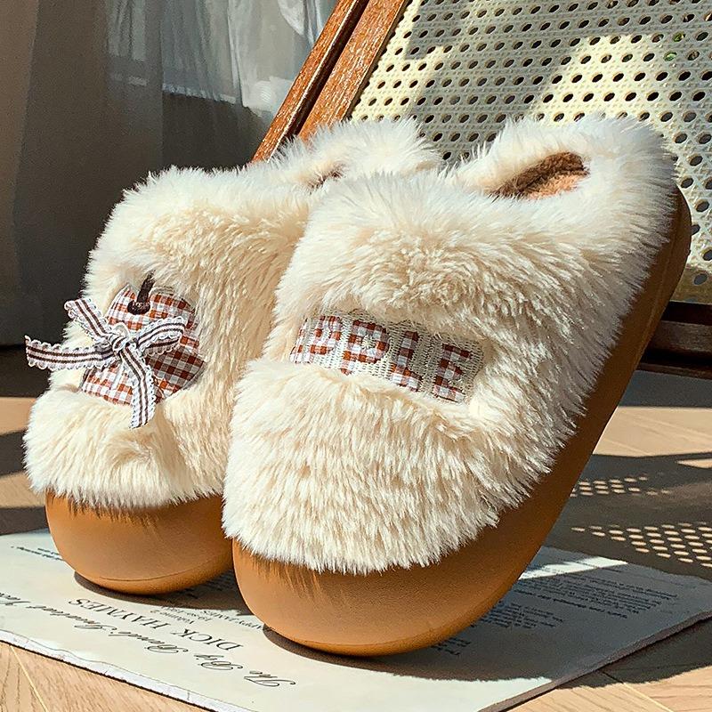 New Autumn and Winter Plush Apple Bow Cotton Slippers Piled and Thickened To Keep Warm Can Be Worn Outside Women's Cotton Mop