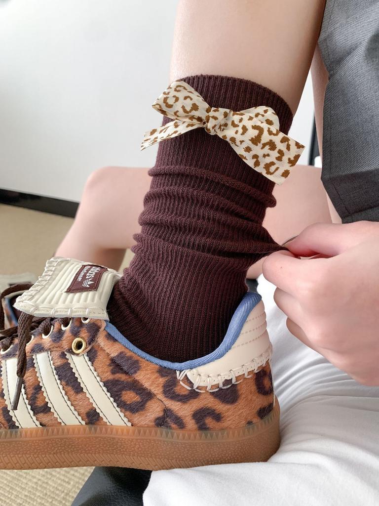 Bow Socks Versatile Stacked Socks Long Season Solid Color Double Needle Cotton Socks Gray Mid-Leg Socks