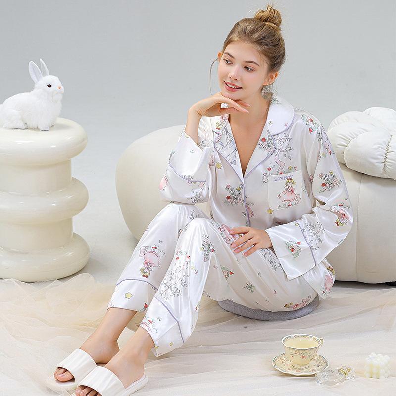 Women's Ice Silk Summer Pajamas - Long Sleeve Cardigan with Cute Cartoon Design