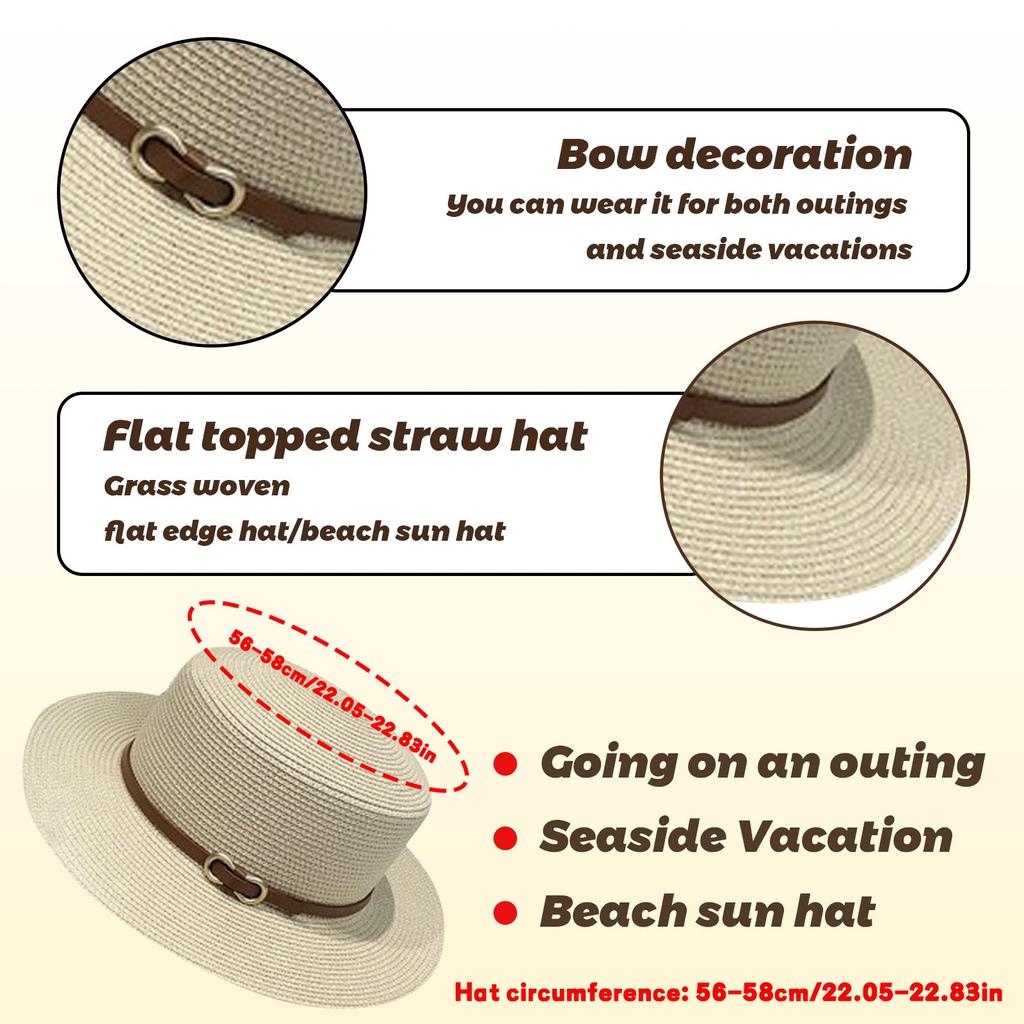 French Flat Top Hat For Women Sunshade Summer Straw Flat Hat For Vacation Beach Sun Hat