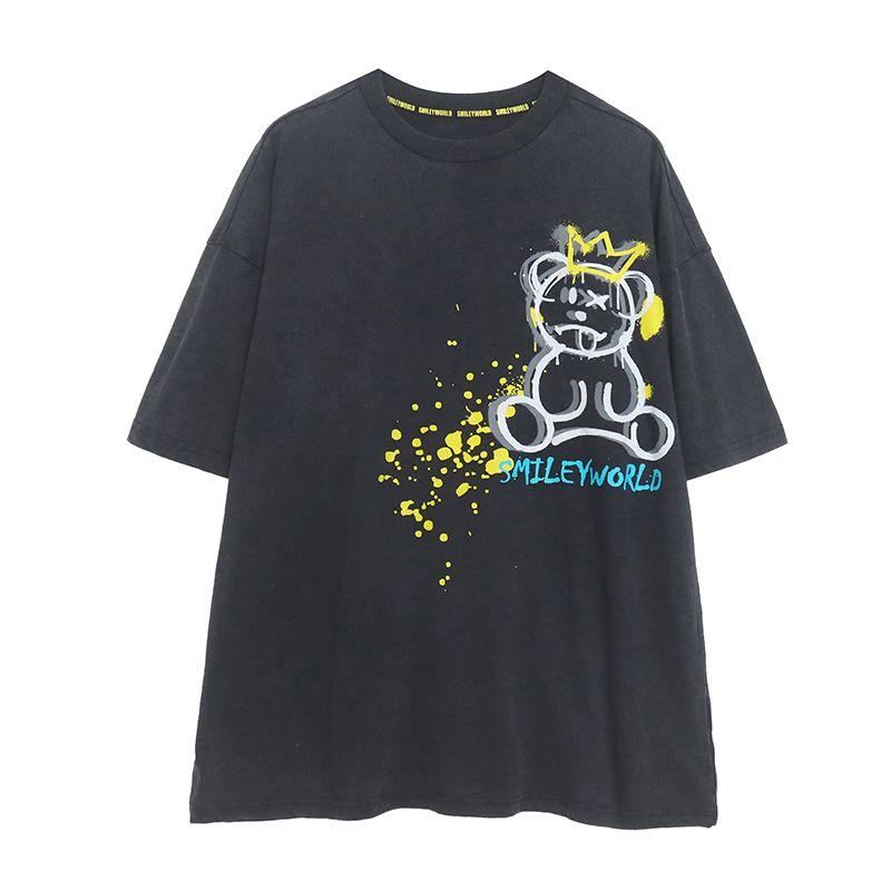 

Черная Тонкая Удобная Футболка с Коротким Рукавом и Мультяшным Граффити с Улыбающимся Лицом Женская Приталенная BF Повседневный Топ Средней Длины Модный Экспорт Picture Color L