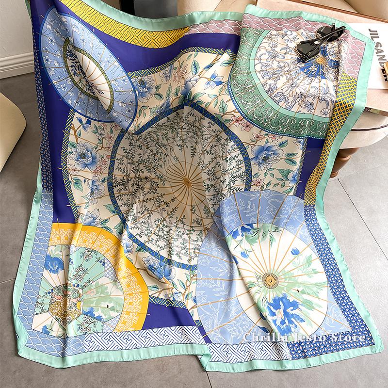 Big Size 110cm Square Floral Printed Women Fashion Imitated Silk Scarf Foulard 45inch Muslim Hijab