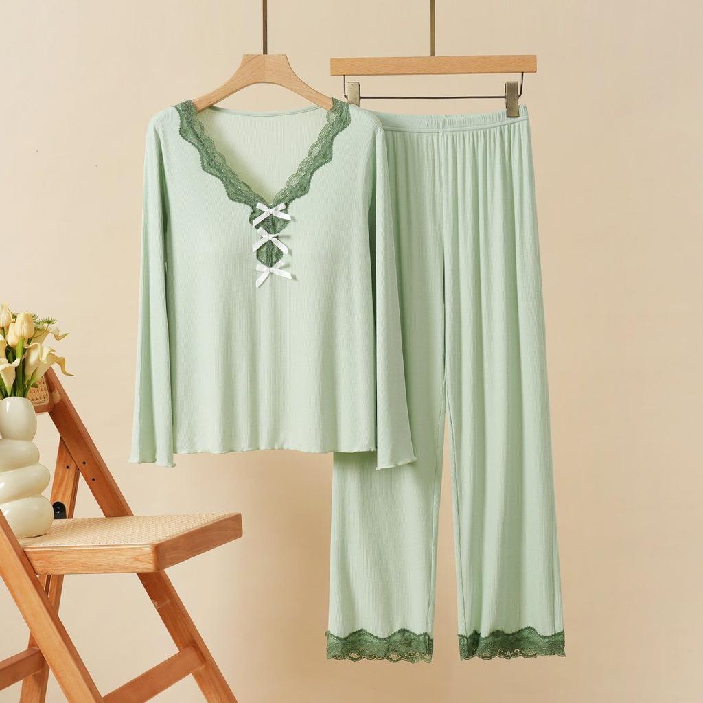 Women Suits Sets Lace-Trimmed Padded Nightgown Set with Short-Sleeve Top and Long Pants for Women Pants Two-piece Oversize 2PC Suit