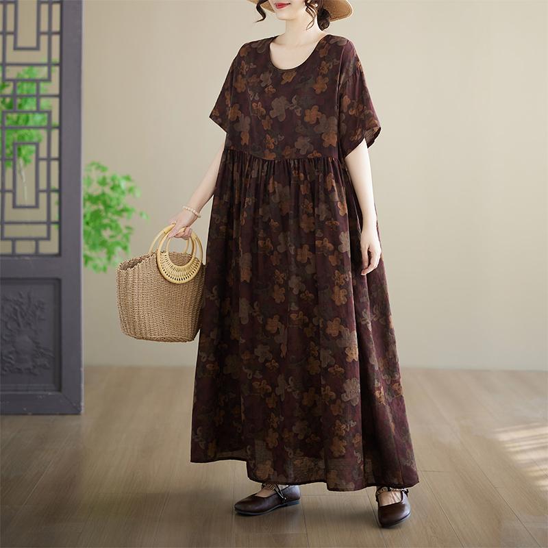 Short Sleeve Plus Size Cotton Vintage Floral New In Dresses for Women Casual Loose Maxi Long Summer Dress