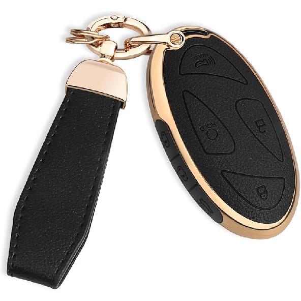QBUC for Hyundai Key Fob Cover with Key Chain, Upper Leather + Soft TPU Car Key Case for Hyundai Ioniq 6 Grandeur GN7 KONA Elanrtra Santa Fe Tucson