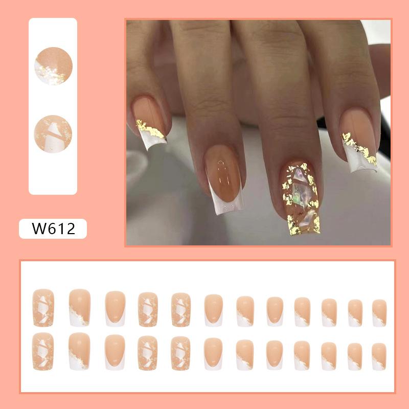 Medium and long European square white French pure gold powder eggshell fragments wear nail fake nails
