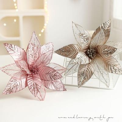 New 29CM Artificial Poinsettia Flower Glitter Sparkling Christmas Glitter Flower Sequins Simulation Flowers Christmas Decoration