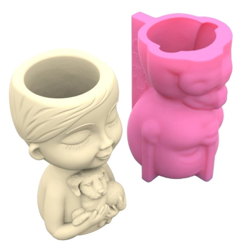 Boy and Puppy Succulent Pot Mold for DIY Concrete Flower Pots Resin Mold Pen Holder Resin Mold Desktop Decoration Home