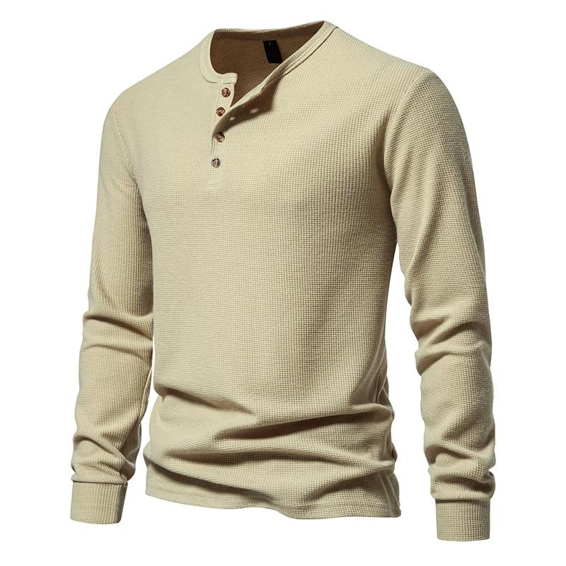 Waffle Henley T-Shirt Men Long Sleeve Basic Breathable Men's Tops Tee Shirts New Autumn Casual Solid Color Button T Shirts
