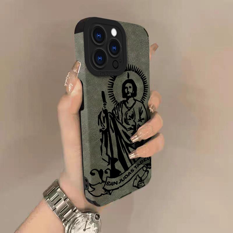 San Judas tadeo Lambskin Leather Phone Case For iPhone 17 Pro Max Air 16 15 14 13 12 11 Pro Max Plus X XS MAX XR Hard Back Cover