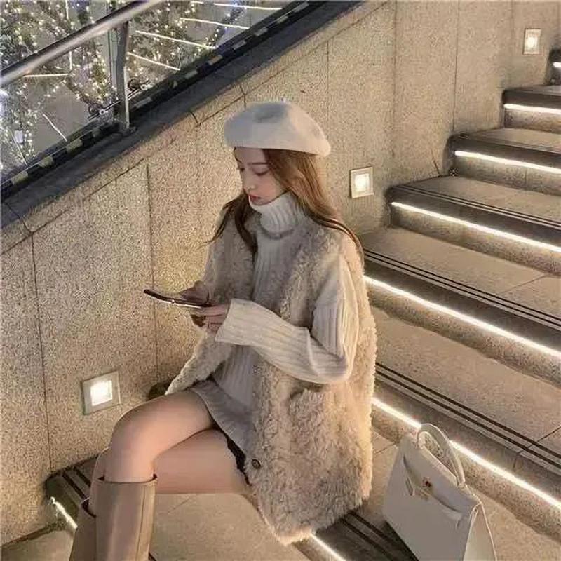 Fur Vest Coat Women Sleeveless All Match Waistcoat Autumn Winter V Neck Button Warm Lamb Hair Sleeveless Jacket