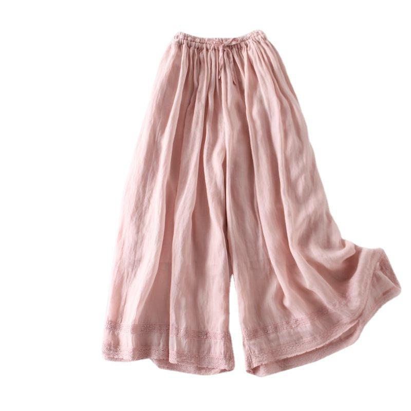 2025 Summer New Casual Culottes Women's Literary and Retro Loose and Thin Cotton and Linen Elastic Waist Straight Wide-leg Pants