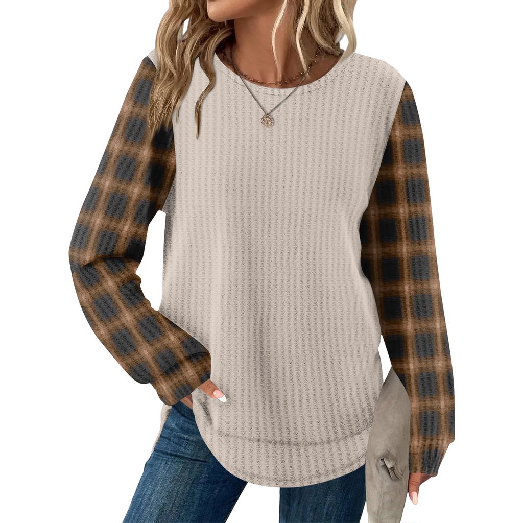 Women's Plaid Print Round Neck Long Sleeve Casual Loose Top