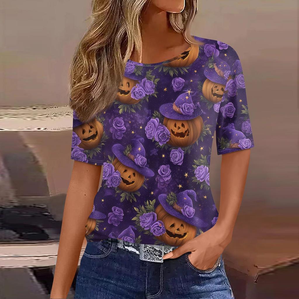 Women's Casual Short Sleeve Pullover Top Halloween Bat Pumpkin Print Round Neck Lightweight Shirt for Everyday Wear