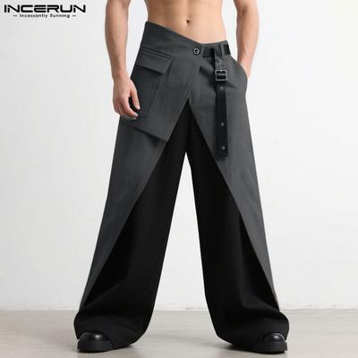 Men Zip-up Irregular High Waist Patchwork Casual Long Trousers Pants